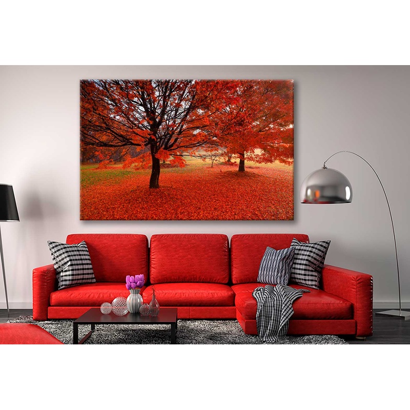 Bella Home Red Autumn Trees With Leaves Fallen Print Canvas Ready to hang