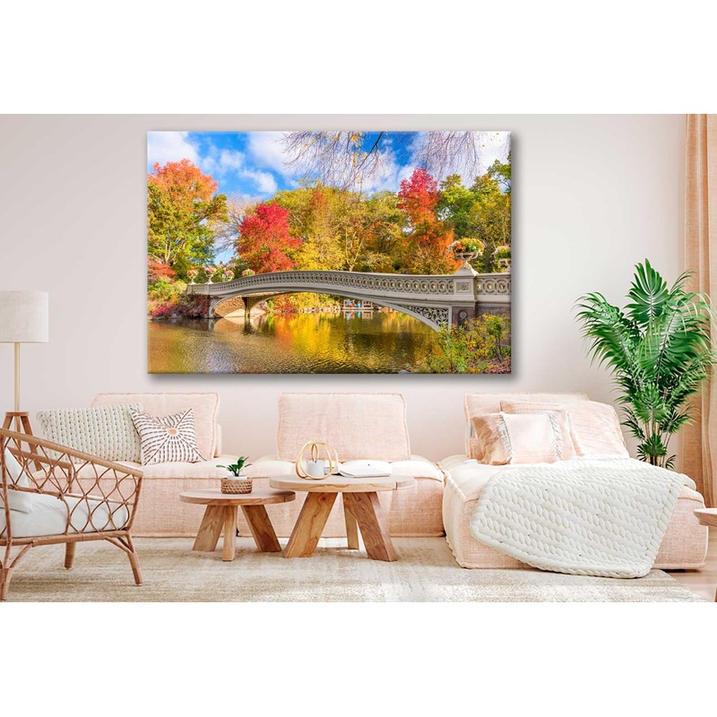 Bella Home River & Bridge Autumn Tree View   Print Canvas Ready to hang