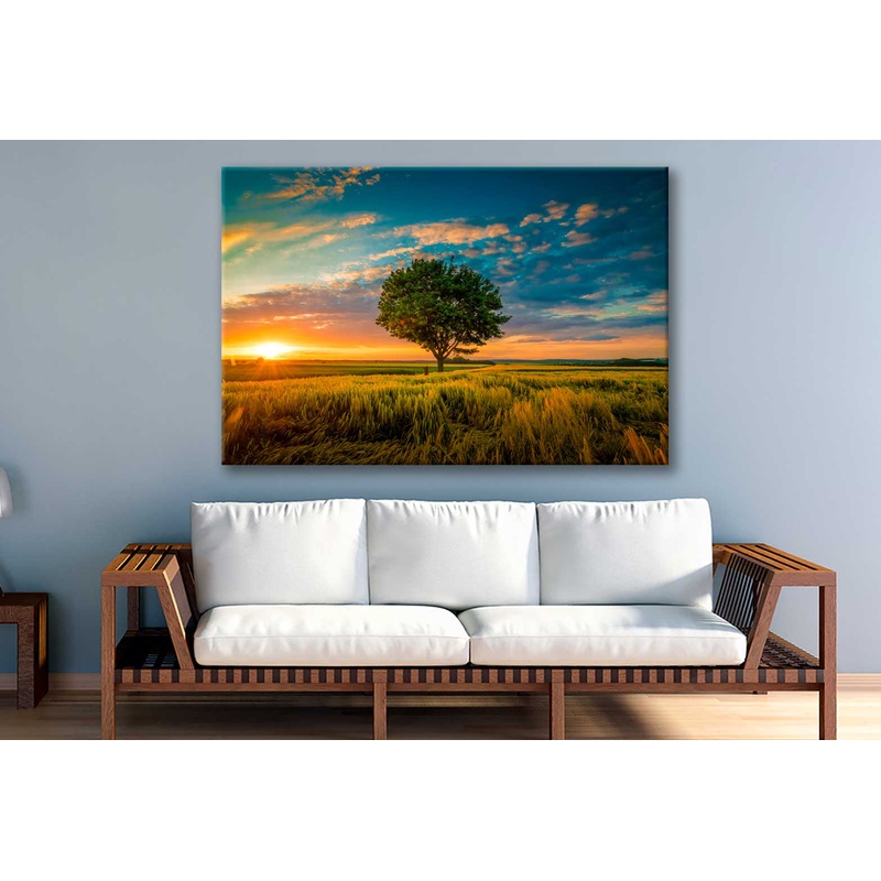 Bella Home Tree on Grass Field Sunset Sky Print Canvas Ready to hang