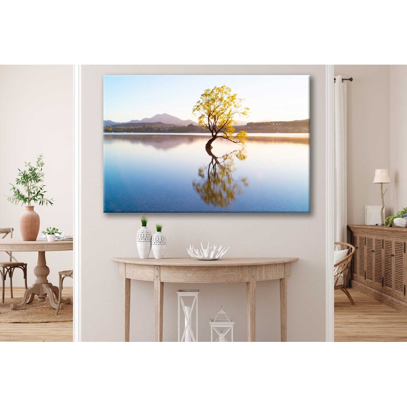 Bella Home Yellow Tree in Lake & Sunset View  Print Canvas Ready to hang