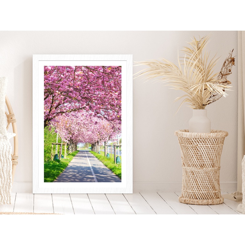Blooming Pink Cherry Trees Spring Glass Framed Wall Art, Ready to Hang Quality Print