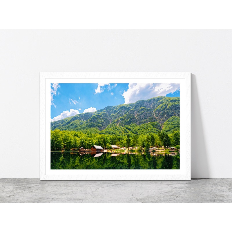 Caravan Trailers Near Bohinj Lake Glass Framed Wall Art, Ready to Hang Quality Print