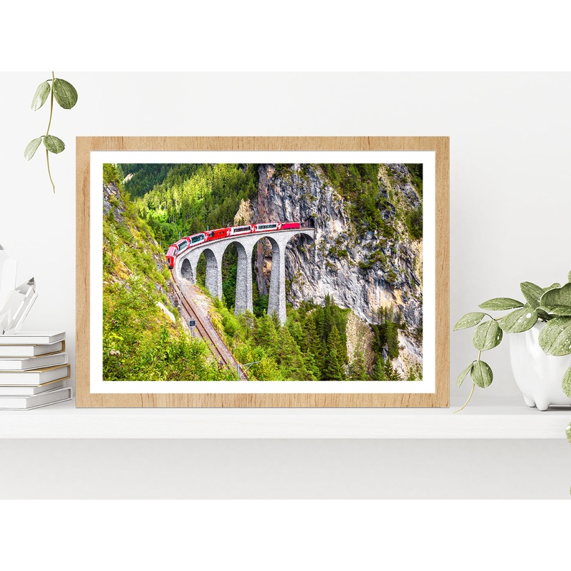 Train On Railway High Bridge In Mountains Glass Framed Wall Art, Ready to Hang Quality Print