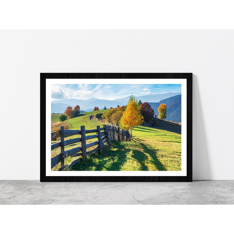 Trees On Grassy Field On Hillside Glass Framed Wall Art, Ready to Hang Quality Print