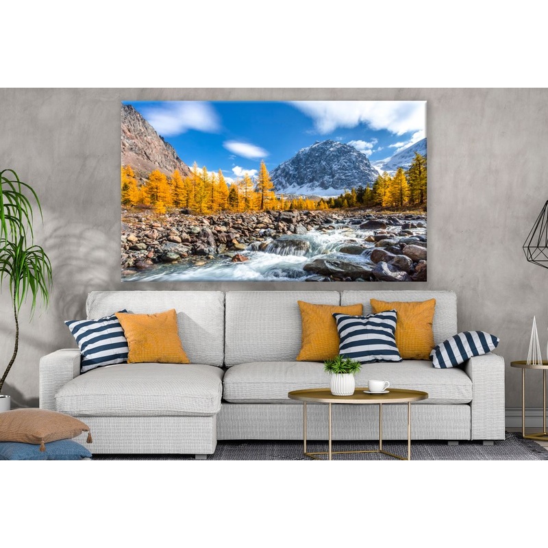 Water Stream & Yellow Trees With Mountain View Print 100% Australian Made