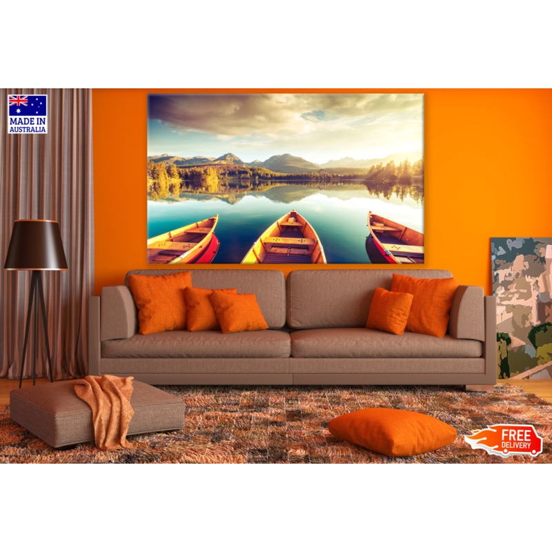 Boats on Lake Mountain View Forest Photograph Print 100% Australian Made