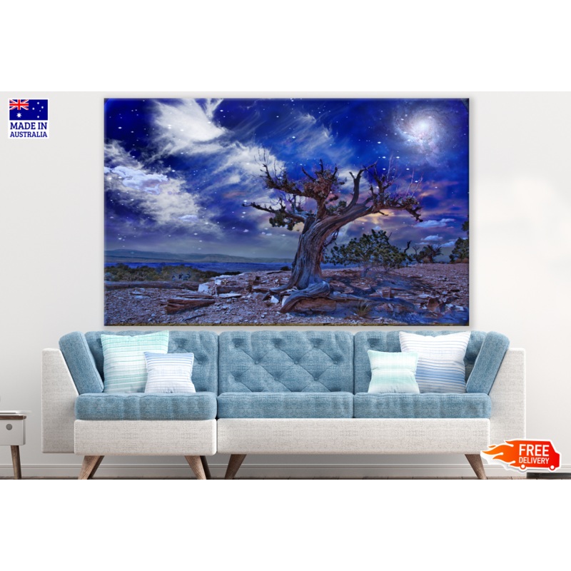 Trees in Desert under Space Sky Fantasy Print 100% Australian Made