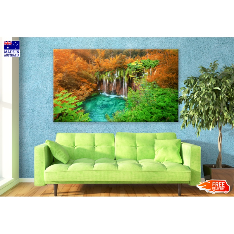 Waterfall Scenery with Yellow Tree Forest Print 100% Australian Made