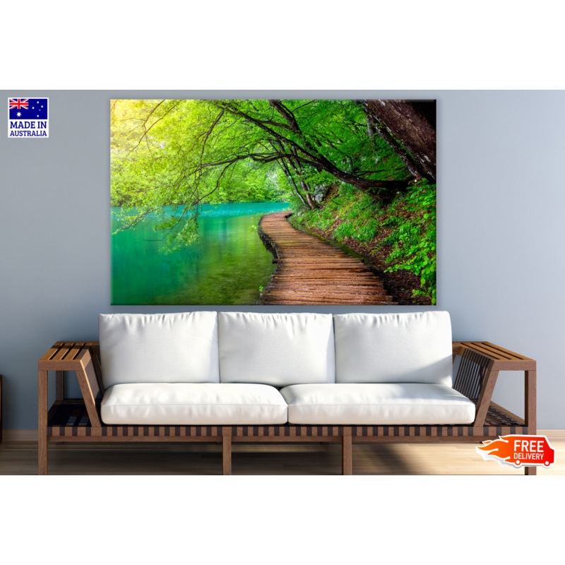 Wooden Pier Bridge Along Blue Lake Print 100% Australian Made