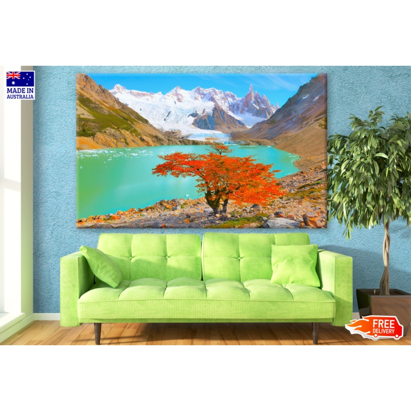 Autumn Tree by the Lake near Cerro Torre Mountain Print 100% Australian Made