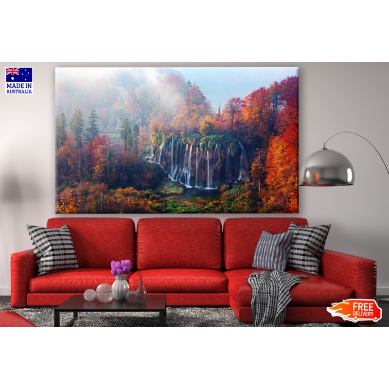 Autumn Tree View on Foggy Waterfall in Plitvice lakes, Croatia Landscape photograph Photograph Print 100% Australian Made