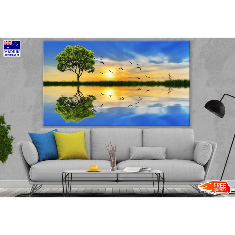 Tree, Bird & Sunset Stunning Reflection On Lake Photograph Print 100% Australian Made
