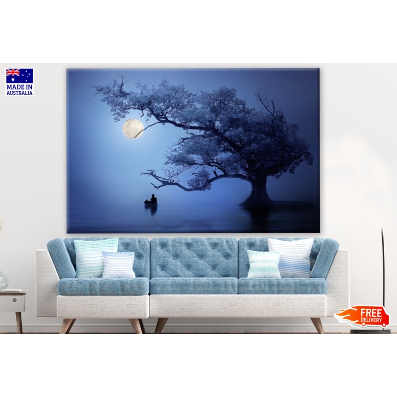 Tree & Man Lone in a Rive Moon lIght Painting Print 100% Australian Made