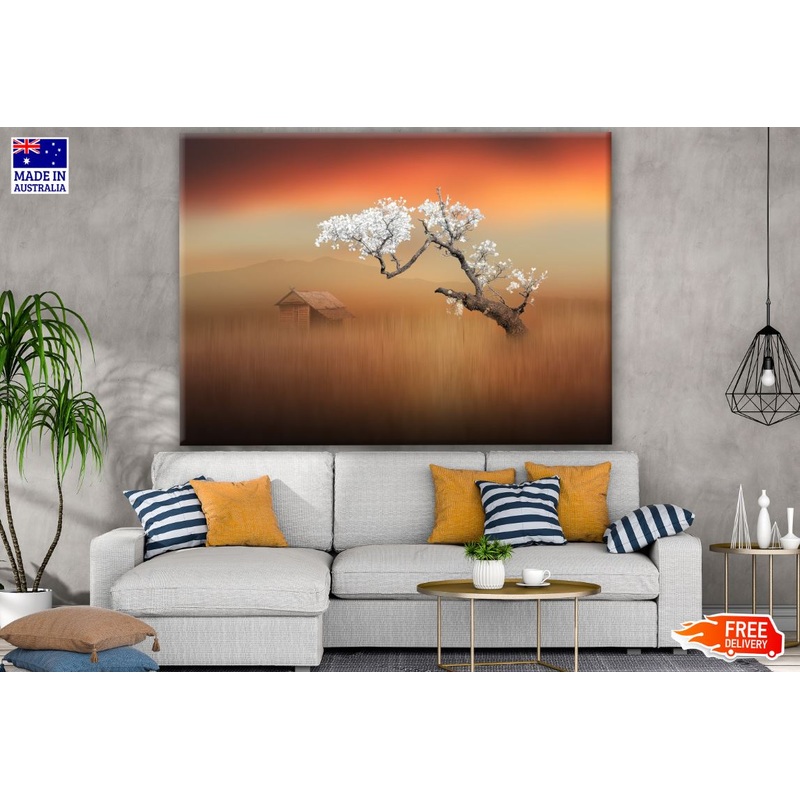 White Flower Tree & House in A Field Photograph Print 100% Australian Made