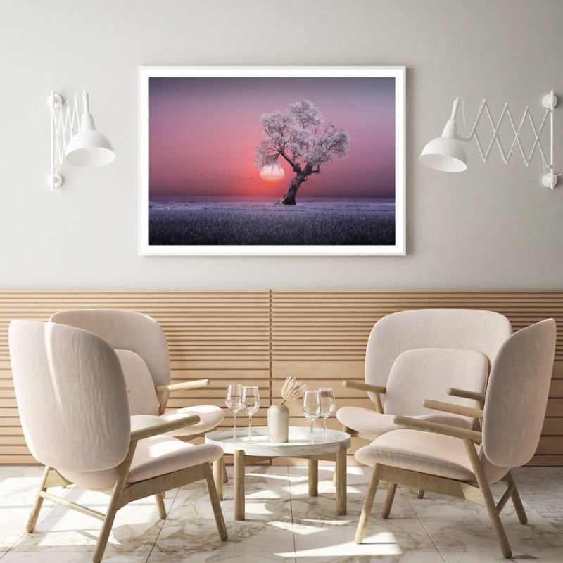 Tree in Grass Field Sunset Scenic Home Decor Premium Quality Poster Print Choose Your Sizes