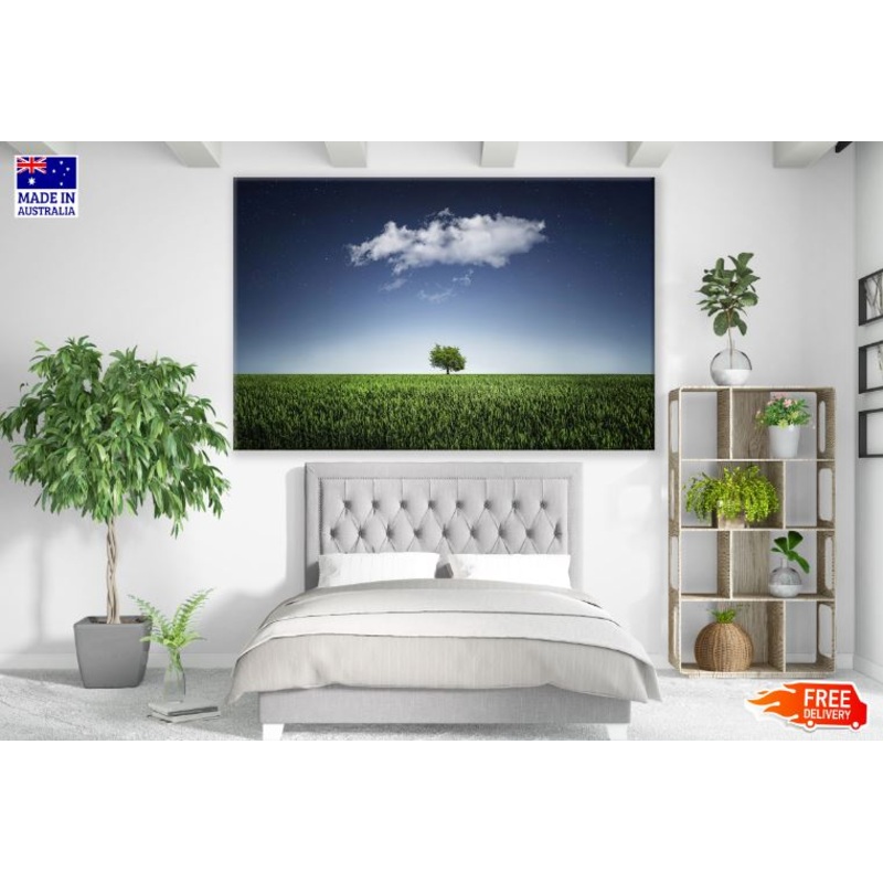 Tree on Grass Field & Sky View Scenery Photograph Print 100% Australian Made