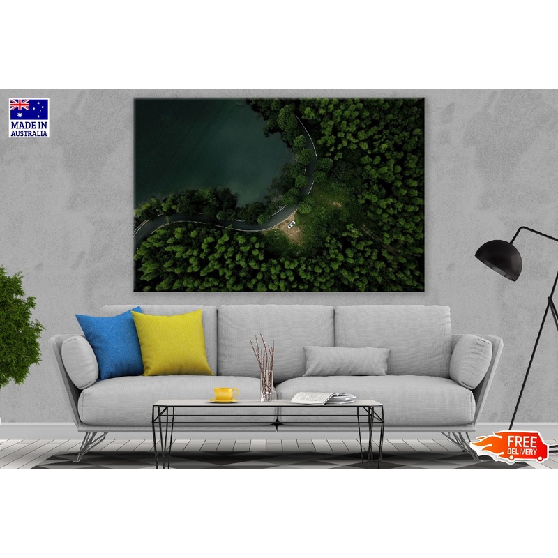 Aerial view of Road in Tranquil Mountain Forest Print 100% Australian Made