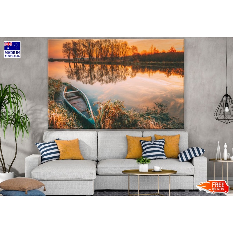Boat on Lake Sunset Scenery View Print 100% Australian Made