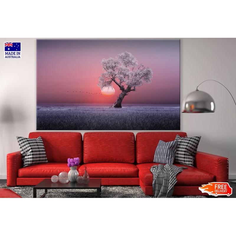 Tree in Grass Field Sunset Scenic Print 100% Australian Made