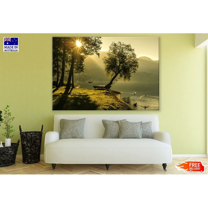 Trees & Lake with Boat Sunset Photograph Print 100% Australian Made