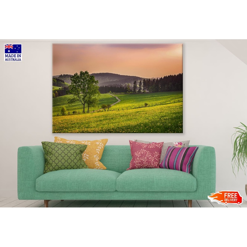 Trees on Flower Field Sunset Photograph Print 100% Australian Made