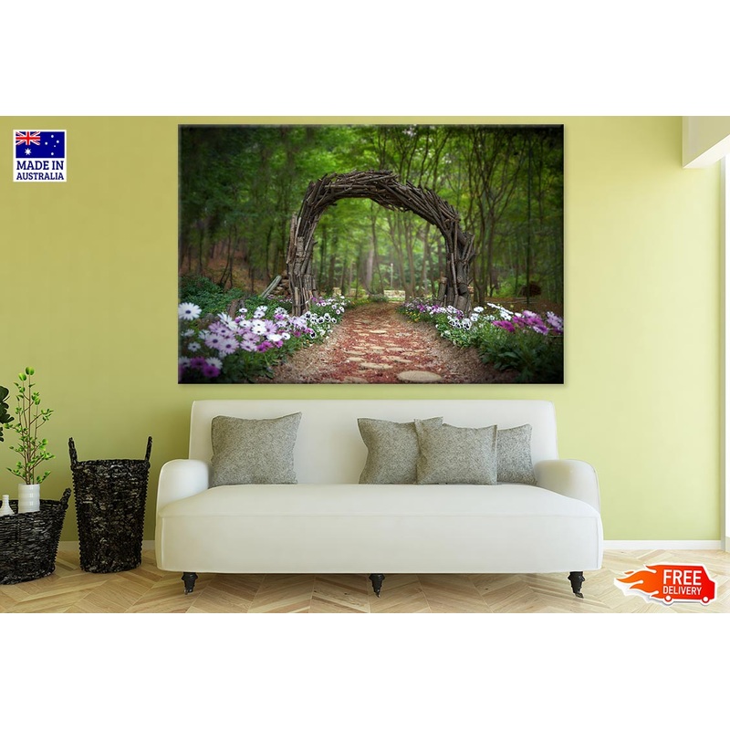 Arch Shaped Tree Branches & Flower Plants in Forest Photograph Print 100% Australian Made