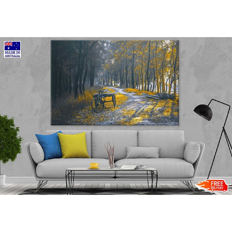 Bicycle Near Yellow Leaves Forest Photograph Print 100% Australian Made