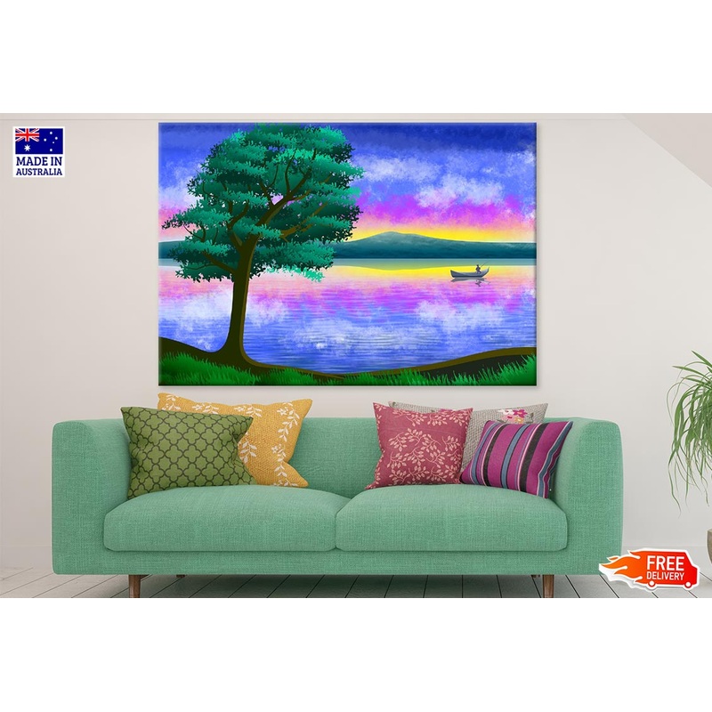 Boat on Lake & Tree Vector Art Print 100% Australian Made