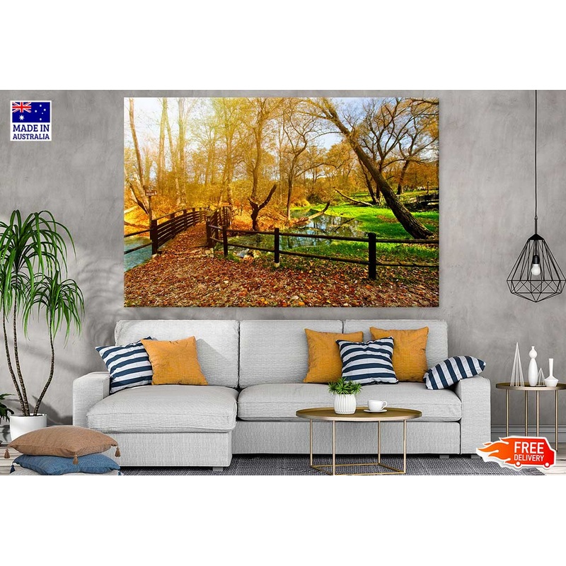 Bridge Over River in Autumn Tree Park Photograph Print 100% Australian Made