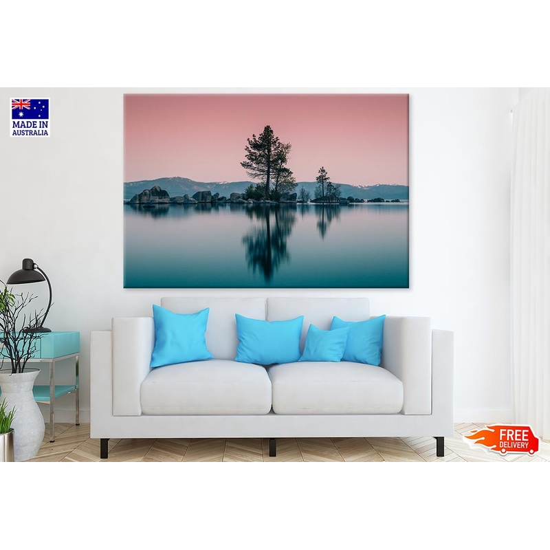 Trees & Rocks Reflection on Lake Sunset Sky Photograph Print 100% Australian Made