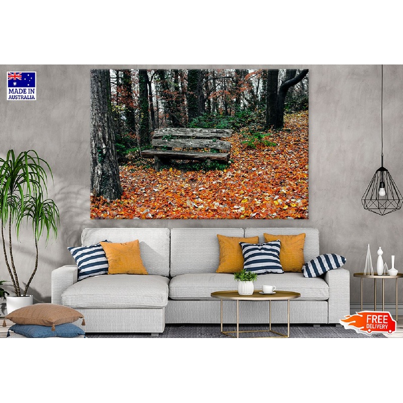 Wood Bench in Autumn Forest Print 100% Australian Made