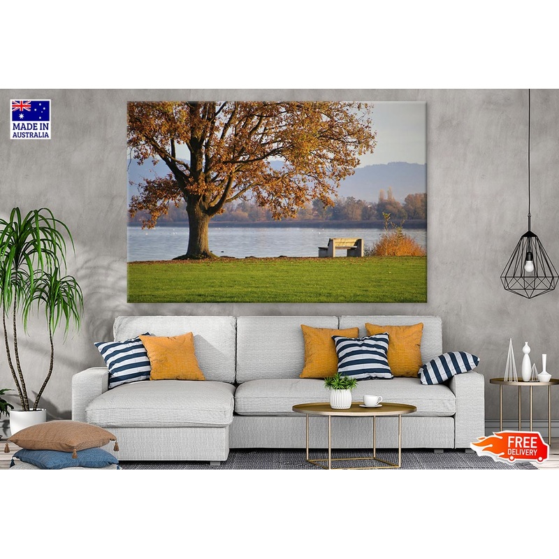 Autumn Tree & Bench Near Lake Photograph Print 100% Australian Made