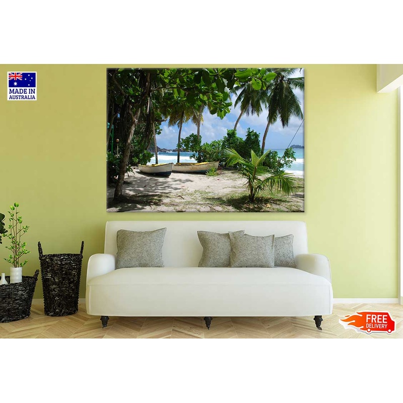 Boats & Palm Trees on Sea Shore Photograph Print 100% Australian Made