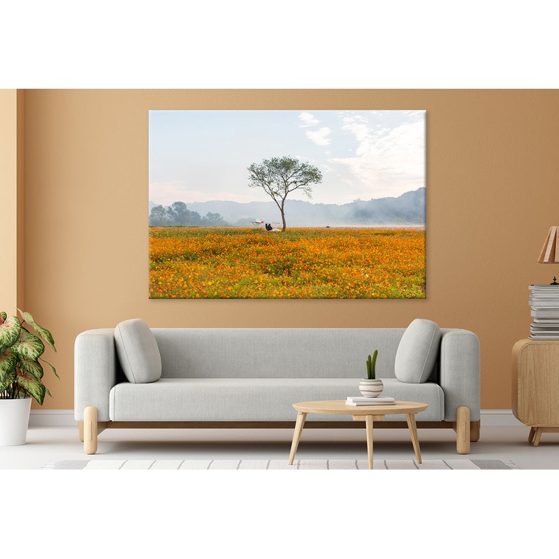 A landscape of autumn fields with cosmos in Bloom Wall Art Decor 100% Australian Made