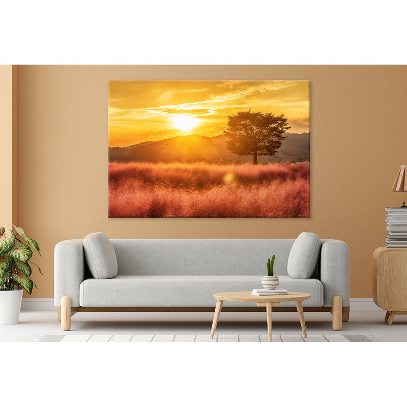 Autumn Field with Pink Mully Bloom Wall Art Decor 100% Australian Made