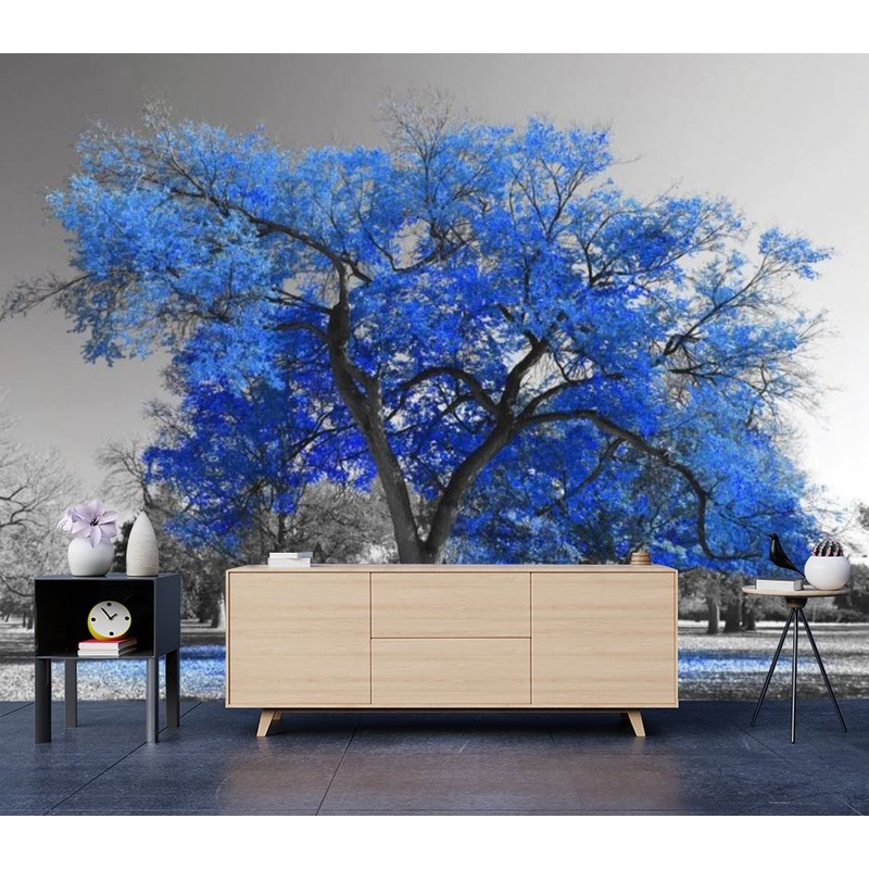 Wallpaper Murals Peel and Stick Removable Blue Leafy tree in B&W Background Photograph High Quality