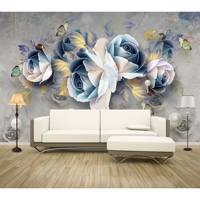 Wallpaper Murals Peel and Stick Removable Blue Pink Flower Design High Quality