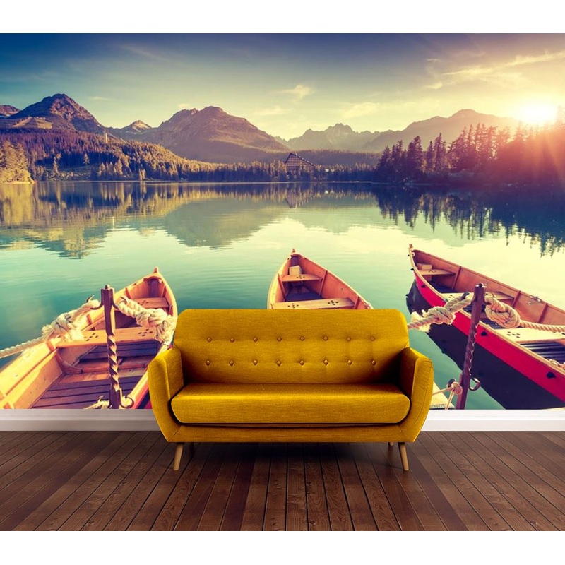 Wallpaper Murals Peel and Stick Removable Boats on A Stunning Lake Scenery Photograph High Quality