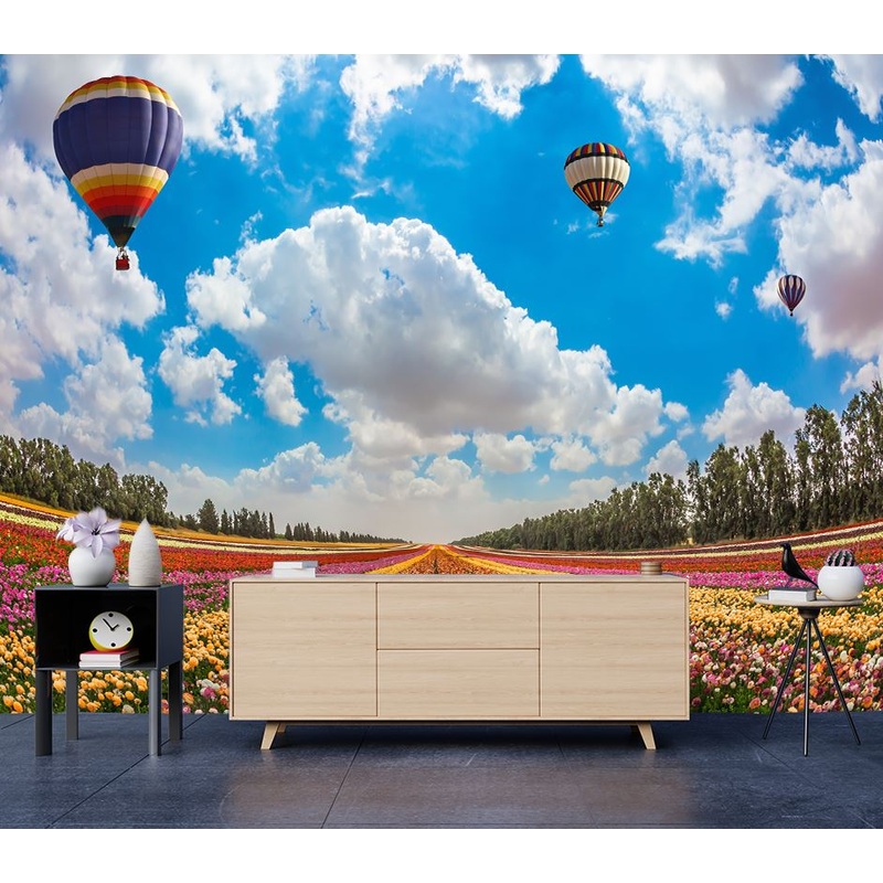 Wallpaper Murals Peel and Stick Removable Flower Field with Hot Air Balloons High Quality