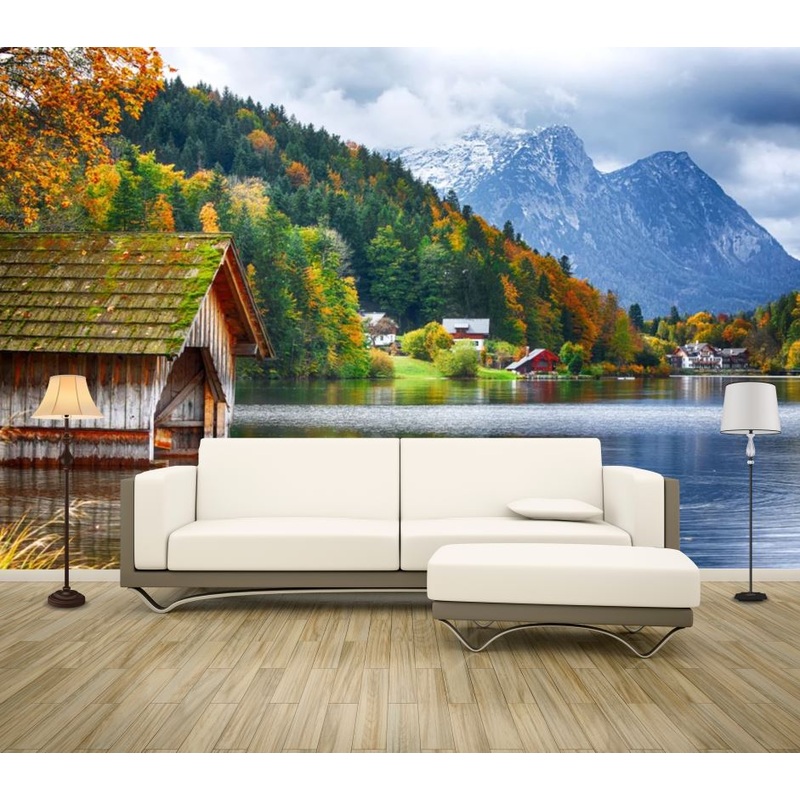 Wallpaper Murals Peel and Stick Removable Lake with Forest & House Photograph High Quality