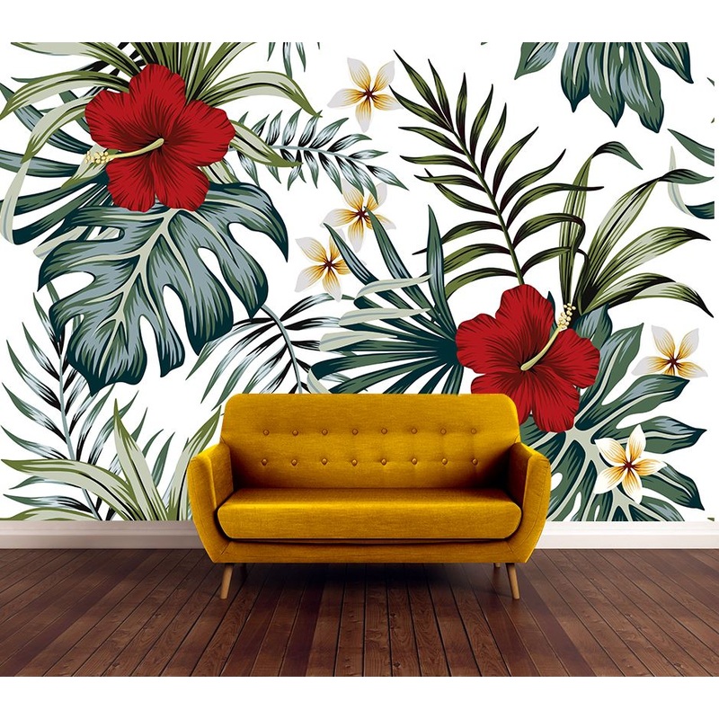 Wallpaper Murals Peel and Stick Removable Leaf & Red Flowers Design High Quality