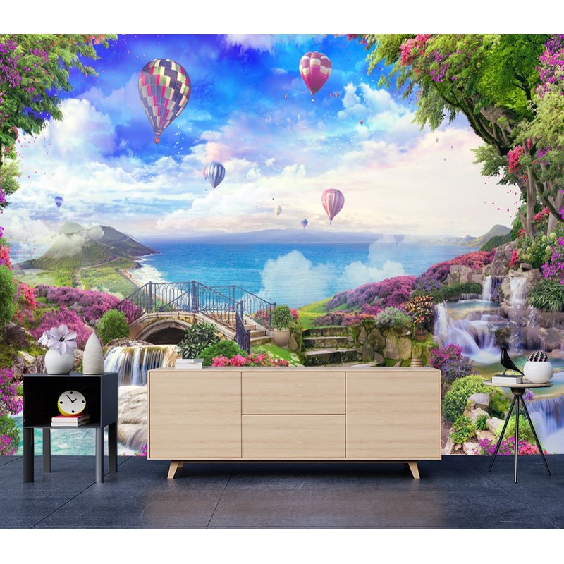 Wallpaper Murals Peel and Stick Removable Nature View with Hot Air Balloons High Quality