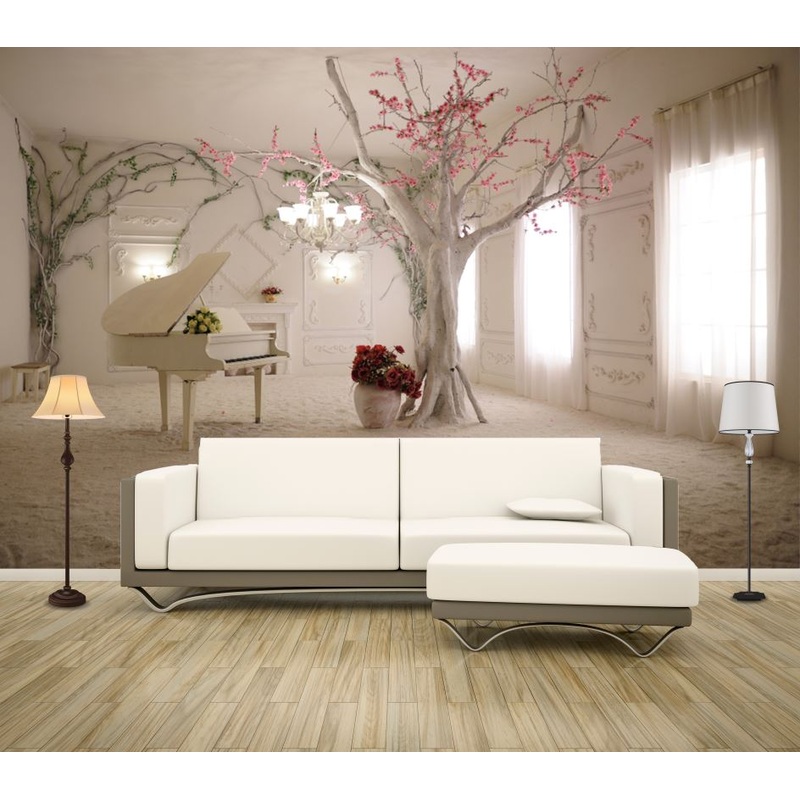 Wallpaper Murals Peel and Stick Removable Tree & Piano with Flowers in A room High Quality