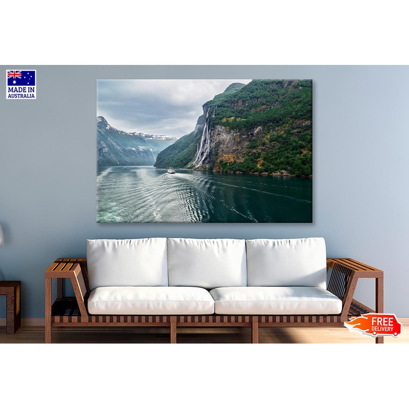 Waterfall On a Fjord Mountain Wall Art Decor 100% Australian Made