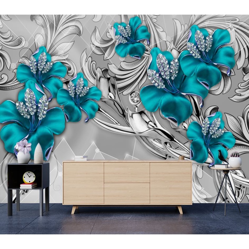 Wallpaper Murals Peel and Stick Removable Blue Floral Design High Quality