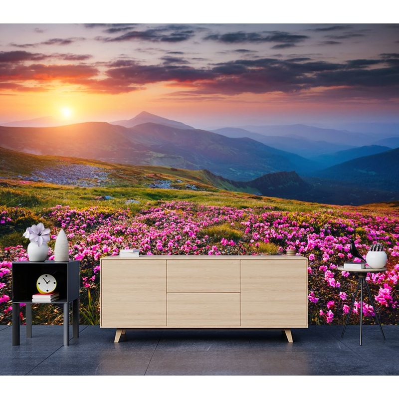 Wallpaper Murals Peel and Stick Removable Floral Field Sunset View High Quality