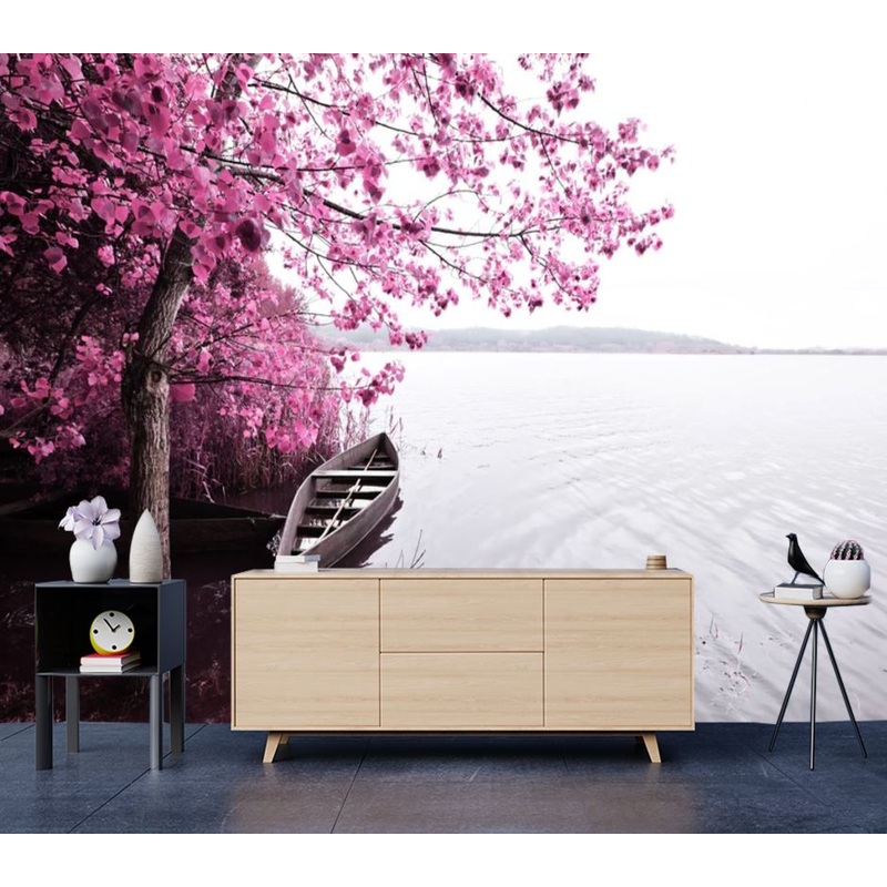 Wallpaper Murals Peel and Stick Removable Flower Tree Near Lake & Boat High Quality