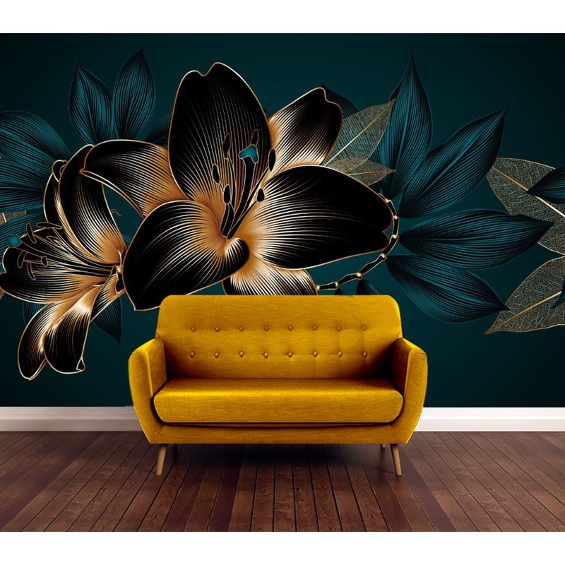 Wallpaper Murals Peel and Stick Removable Gold & Blue Abstract Floral Design High Quality
