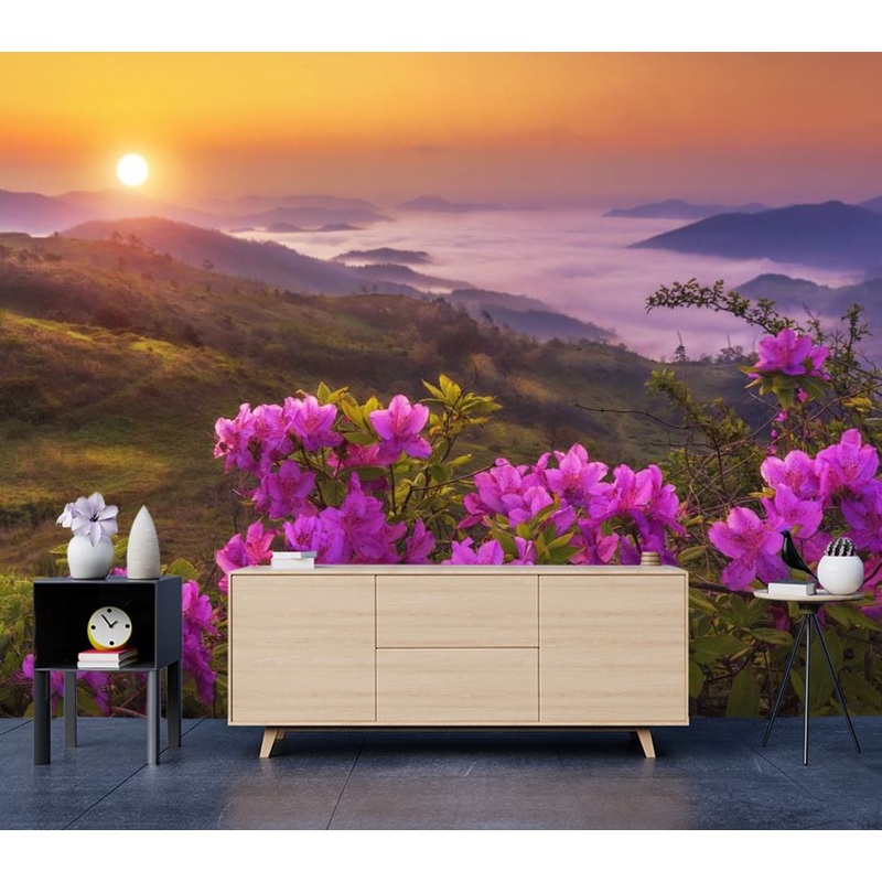 Wallpaper Murals Peel and Stick Removable Nature View with Flowers at Sunset High Quality