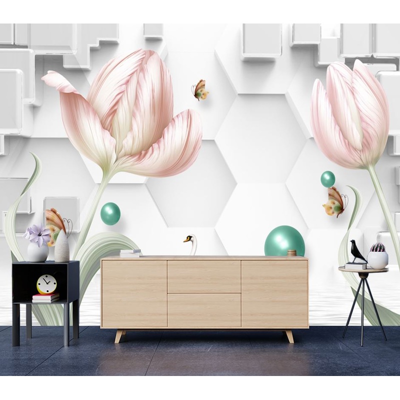 Wallpaper Murals Peel and Stick Removable Pink Floral Abstract Design High Quality